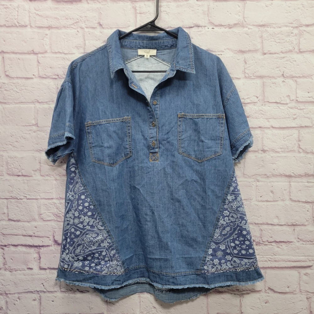 Easel Denim Blue Bandana Paisley Patchwork Shirt M Fringe Boho Western‎ Cowgirl